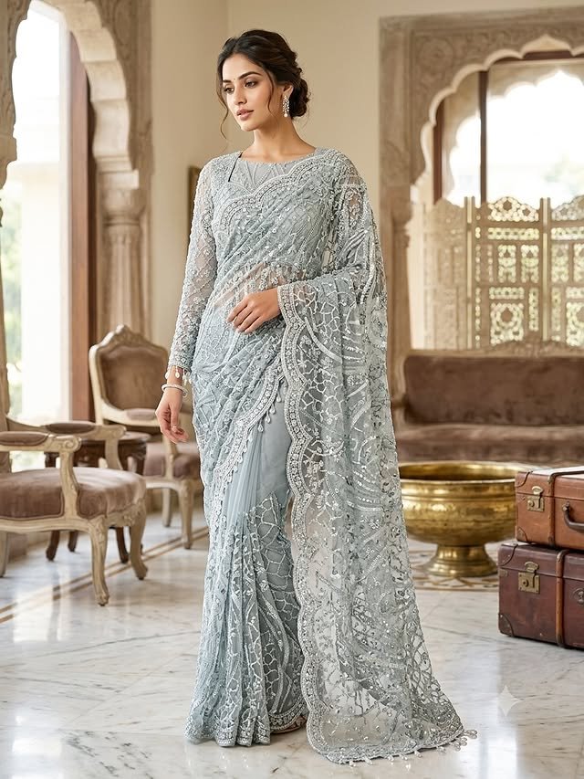 Ethereal Silver Net Embroidered Saree - Rajshri Fashions Sowcarpet Chennai